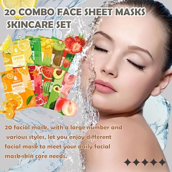 WENJLYJ 20 COMBO FACE SHEET MASKS SKINCARE SET,MOISTURIZING FACE MASK SKIN CARE KIT,HYDRATING FACIAL MASK GIFT SET FOR WOMEN,MOM,MEN,WIFE & GIRLFRIENDS - Image 2